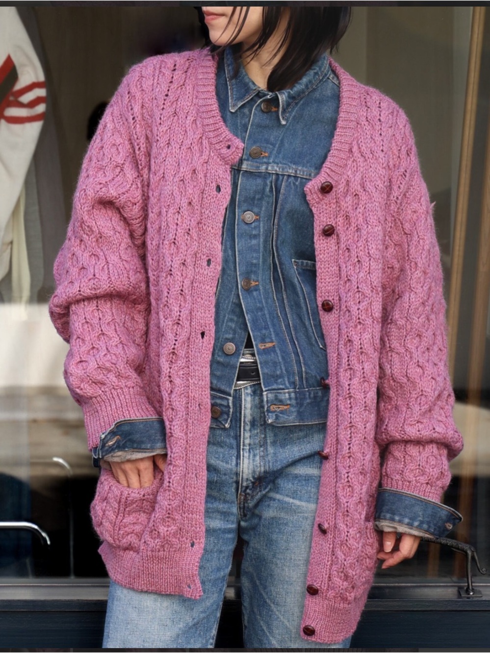 Hand knit Fisherman Sweater Wool Cardigan Pink XL Aran Cable Knit Cottagecore